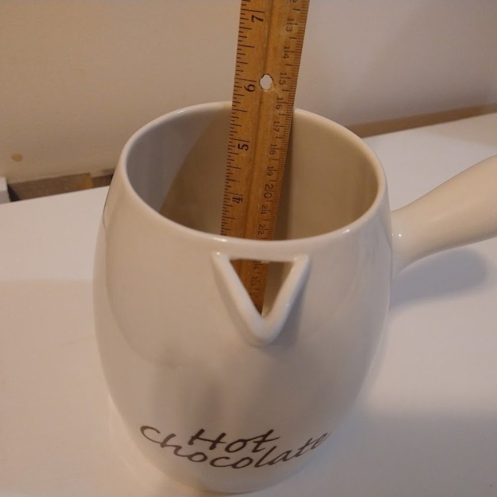 Hot Chocolate pitcher, white, "Hot Chocolate" on the front